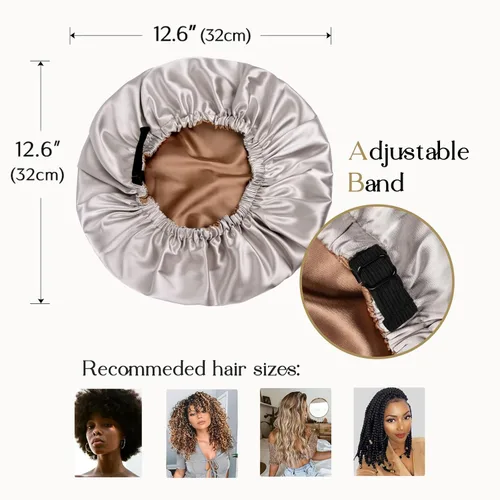 Miniatura 5 de YANIBEST Gorro de Satén Ajustable de Doble Capa Gorro de Cabello para Dormir, Gorros para Mujeres, Gorros para Cabello Natural Rizado, Gris Ceniza