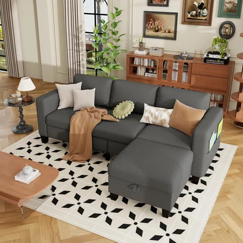 ZeeFu Sofá modular con otomana de almacenamiento, 78 pulgadas en forma de L modular, sofás de 3 plazas para sala de estar, juego de tela de lino