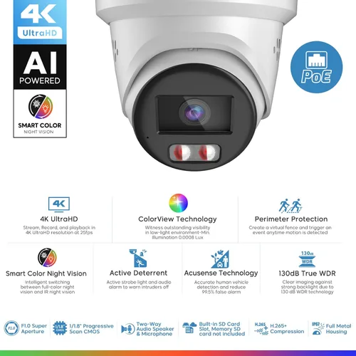 Miniatura 2 de Cámara IP PoE de visión a color 4K 8MP para exteriores con luz híbrida inteligente, luz estroboscópica y advertencia audible, AI VCA, detección