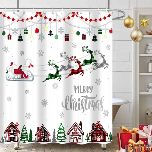 Miniatura 2 de Cortina de ducha de Feliz Navidad, trineo de Papá Noel, reno, copo de nieve, vacaciones, cuadros rojos y verdes, juego de cortinas de ducha