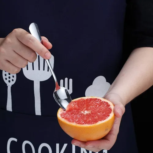 Miniatura 5 de HOMQUEN Juego de 5 cucharas de pomelo, 4 cucharas de acero inoxidable y 1 cuchillo con chapado de titanio, bordes dentados para utensilios (plateado)
