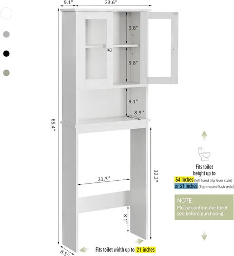 Miniatura 2 de Armario de almacenamiento sobre el inodoro para baño, organizador de almacenamiento sobre el inodoro, ahorro de espacio con puertas de vidrio Blanco
