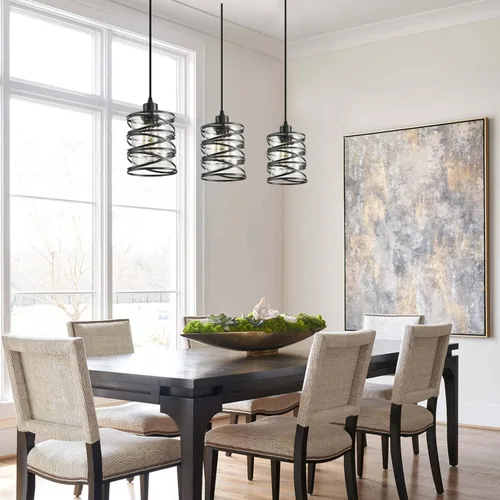 Miniatura 7 de Paquete de 3 Luces Colgantes para Isla de Cocina, Iluminación Colgante para Isla de Cocina, Luz Colgante de Vidrio con Jaula en Espiral, Pantalla