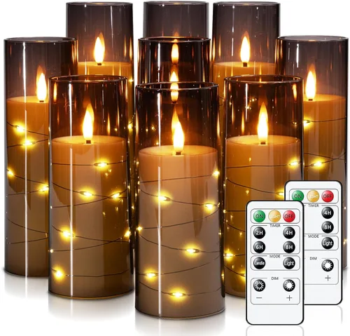 Miniatura 12 de Raycare Vela sin llama con temporizador remoto, 7 velas LED de acrílico parpadeantes con cuerda de estrella integrada para Navidad, boda, decoración