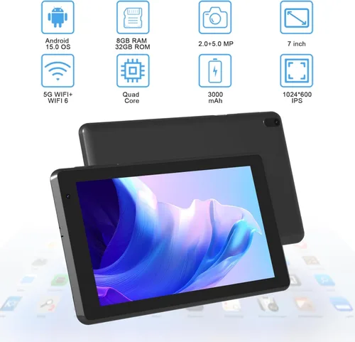 Miniatura 2 de Tablet Android 15 Tablets con funda 7 pulgadas, 8GB RAM, 32GB ROM soporte 1TB Expandir PC Tablet PC, procesador de cuatro núcleos, pantalla táctil