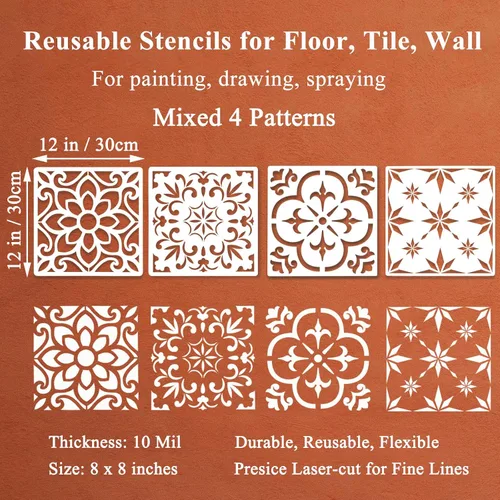 Miniatura 2 de Juego de plantillas de suelo de azulejos grandes (4 diseños, 12 x 12 pulgadas) Plantillas de pared reutilizables con patrón mexicano Juego