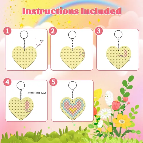 Miniatura 3 de Kits de punto de cruz de madera VKPI para niños, haz tus propios 6 llaveros de punto de cruz, kit de costura de madera, estrellas de manualidades