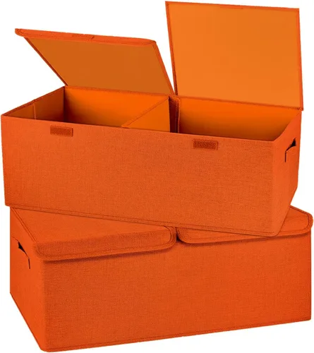 Miniatura 14 de Paquete de 2 Cajas de Almacenamiento Grandes con Tapas y Asas, Contenedores Organizadores Cestas Cubos de Almacenamiento de Lino Plegables con Crema