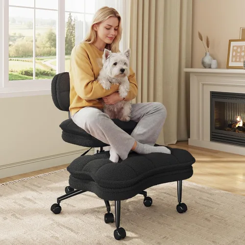 DurayLoly Silla de oficina con patas cruzadas, giratorio 360, reposapiés plegable, cojín de felpa de doble capa de 5.12 pulgadas, altura ajustable,