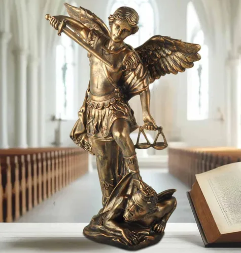 Miniatura 13 de Estatua de San Miguel Arcángel - Estatua de San Miguel Miguel Arcángel derrotó a Lucifer pisotea demonio Figurina, Escultura religiosa coleccionable