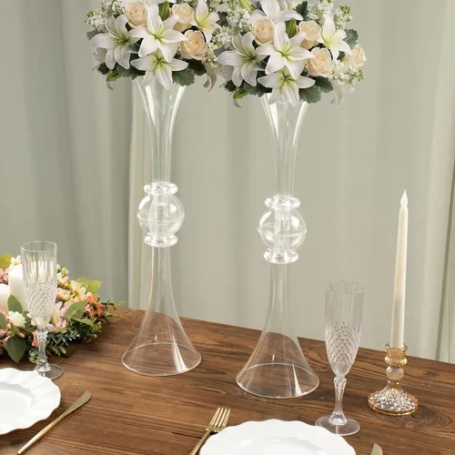 Miniatura 5 de Efavormart - Juego de 2 centros de mesa de trompeta con adornos de cristal transparente de 21 pulgadas, jarrón reversible de plástico para flores