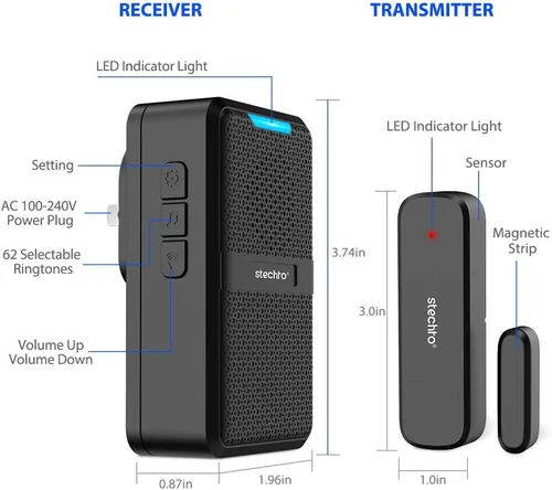 Miniatura 7 de STECHRO - Timbre de puerta inalámbrico, rango de 600 pies, 2 sensores magnéticos de alarma para puerta, 1 timbre de puerta, receptor con 62