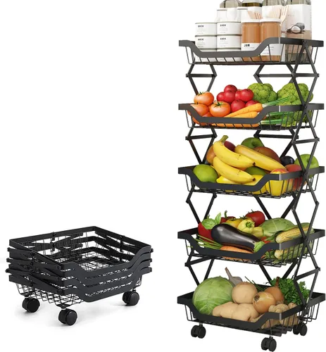 Miniatura 8 de Cestas de cocina, despensa, organizador de almacenamiento, sin necesidad de montaje, 4 niveles, plegable, de metal, plegable, cesta de frutas
