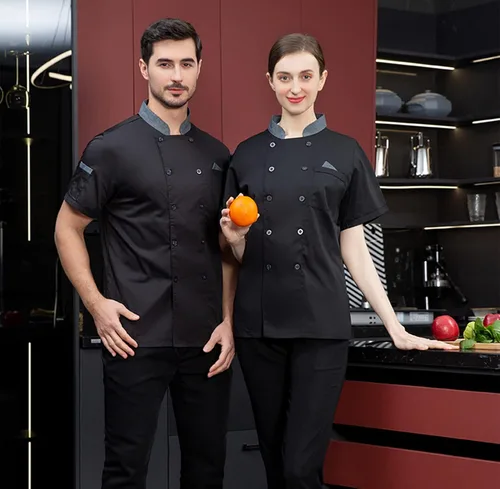 Miniatura 3 de Chaqueta de chef unisex con doble botonadura trasera, malla completa, ligera, costura de color, uniforme de chef