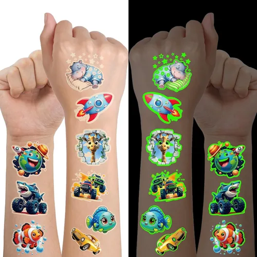 Tatuajes temporales 3D que brillan en la oscuridad para niños, 117 unicornios, sirena, camión, dinosaurio, caricatura, animales, tatuajes falsos,