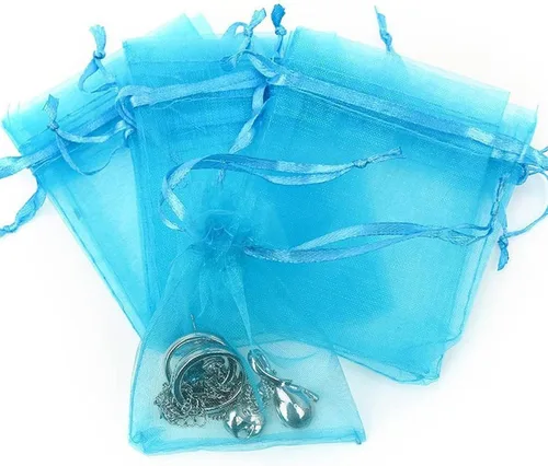 Miniatura 3 de Bolsas de regalo de organza de 4 x 6 pulgadas con cordón para joyas, dulces, paquetes de 50 bolsas de té de tela transparente azul aguamarina