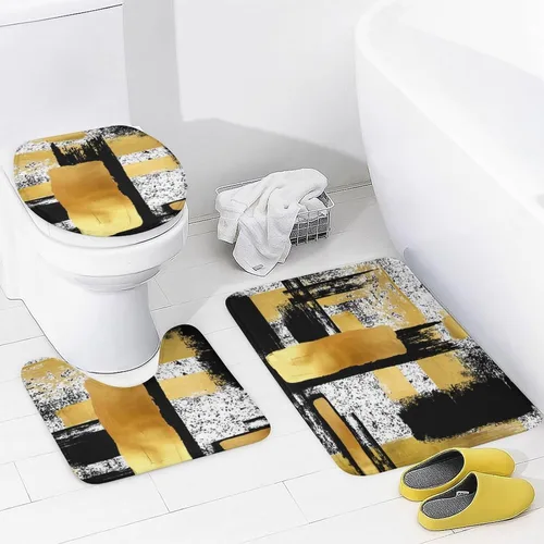Miniatura 4 de Juego de 4 cortinas de ducha de arte geométrico moderno abstracto, estilo grunge, negro, blanco, dorado, impreso, juego de decoración de baño