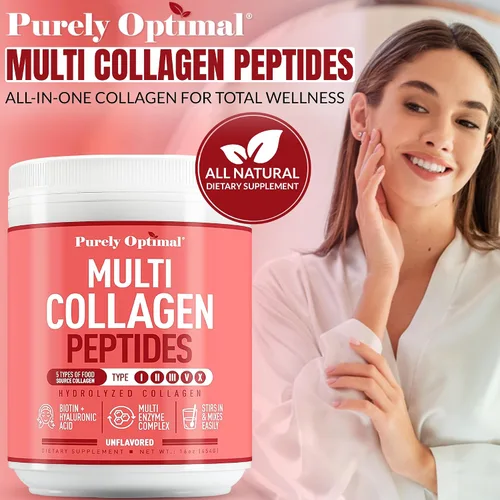Miniatura 2 de Purely Optimal Péptidos de colágeno en polvo, 5 tipos de péptidos de colágeno hidrolizados con biotina, B12 y ácido hialurónico para cabello, piel