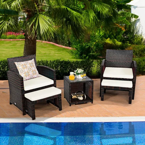 Miniatura 2 de Tangkula Patiojoy - Juego de muebles de patio de mimbre de 5 piezas con funda impermeable, sillas acolchadas para exteriores y otomanas con mesa