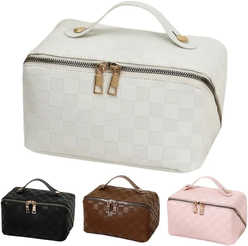 Miniatura 22 de Bolsas de maquillaje a cuadros de gran capacidad, bolsas de cosméticos portátiles de viaje, bolsa de aseo abierta y plana para mujeres y niñas
