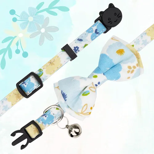 Miniatura 3 de Collar de gato Campana Pajarita Gatito Seguridad Breakaway Flower Kimino Sakura Cake Patrón de dibujos animados Kitty Boy Girl Pet Flower - Azul