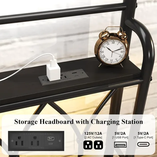 Miniatura 3 de E-Ser Marco de cama de plataforma de metal tamaño twin con cabecera de almacenamiento, marco de cama con luz LED, estación de carga integrada