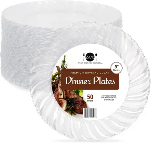 Aya's Cutlery Kingdom Paquete de 50 platos de plástico transparente de 9 pulgadas, resistentes, redondos, platos desechables para fiestas, bodas y