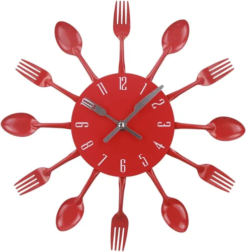 Reloj de pared de cocina, 32x32x4CM, rojo, movimiento de cuarzo, silencioso, diseño creativo