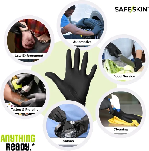Miniatura 2 de SAFESKIN Guantes desechables de nitrilo negro, sin polvo, sin látex, tatuaje, preparación de alimentos, 3.5 mil