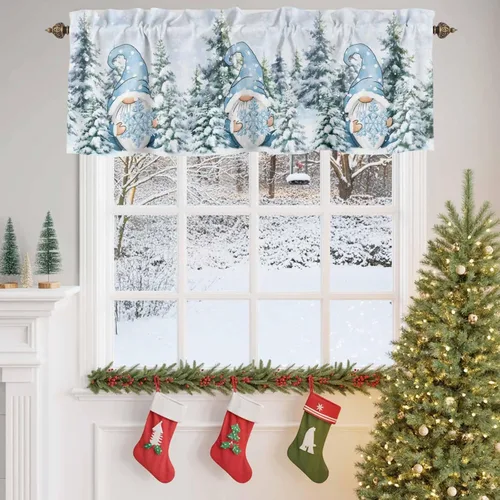 Miniatura 9 de Cenefas de gnomo de invierno para cocina, cafetería, cenefa de ventana de pino nevado de Navidad, cortinas cortas de copo de nieve azul, 60 x 18