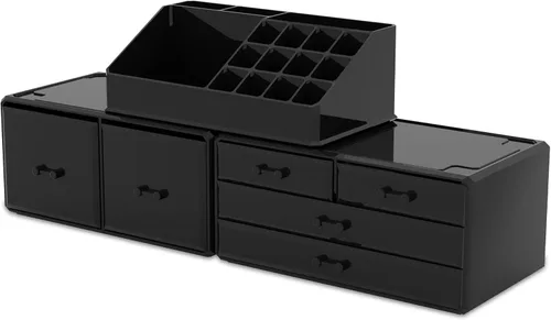 Miniatura 6 de READAEER Organizador de maquillaje 3 piezas Estuche de almacenamiento de cosméticos con 6 cajones (negro)