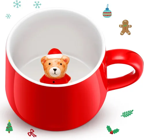 Miniatura 12 de Sliner Divertidas tazas de Navidad en 3D con animal en el interior, 13.5 onzas, hechas a mano, taza de café de cerámica, bonita figura de dibujos