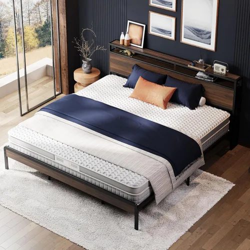 Miniatura 5 de LIKIMIO Marco de Cama King con Cabecero, Marco de Cama King de Madera Oscura con Soportes Fuertes, Resistente, Sin Ruido, No Necesita Somier, Nogal