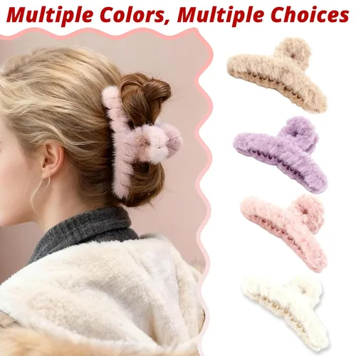 Miniatura 3 de VinBee 4 pinzas para el pelo de piel sintética, pinzas grandes de felpa para mujeres y niñas, horquillas de medio moño para cabello grueso, bonitos