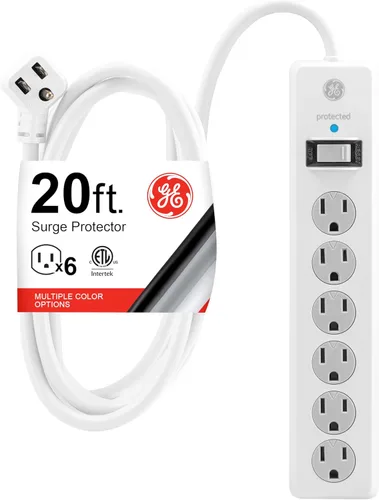 GE Regleta de enchufes con protector contra sobretensiones, cable de extensión de 20 pies, extensor de 6 tomas, 800 joules, clavija plana, cubiertas