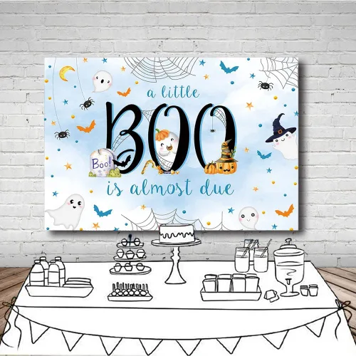 Miniatura 4 de MEHOFOND Telón de fondo de Halloween de 7 x 5 pies para baby shower con texto en inglés "A Little Boo is Almost Due Blue Water" para niño