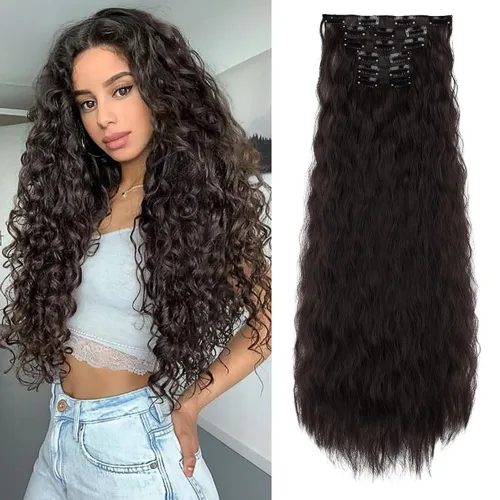Miniatura 16 de Flufymooz - Extensiones de cabello con clip, 6 unidades, extensiones de cabello largas con ondas de sirena, sintético, postizo para mujer, 24 Marrón