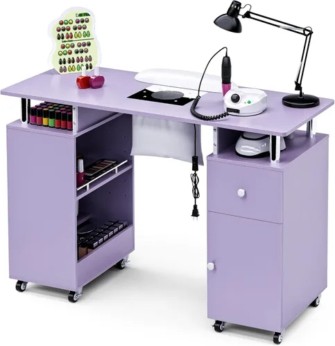 Miniatura 9 de Mesa de manicura HolaiNail, mesa para uñas con recolector de polvo, apoyabrazos, ruedas, cajón y gabinete, estación para salón de belleza, negra