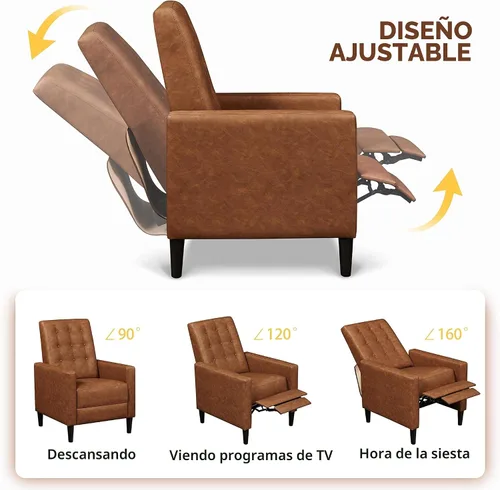 Miniatura 4 de Yaheetech - Sofá reclinable de cuero sintético, silla reclinable individual moderna de mediados de siglo, respaldo y reposapiés ajustables, sofá