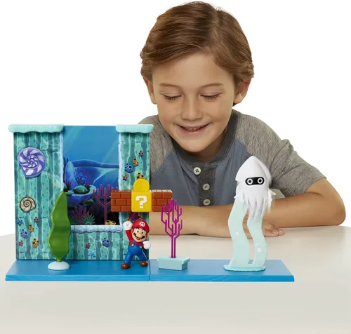 Miniatura 9 de Super Mario Juego submarino con pieza ambiental interactiva, figura articulada de Mario de 2.5 pulgadas y figura de calamar Blooper. Colecciona