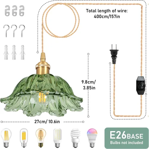 Miniatura 3 de Lámparas colgantes enchufables, lámpara colgante con interruptor de encendido/apagado con cable, pantalla de cristal verde E26 de 10.6 pulgadas