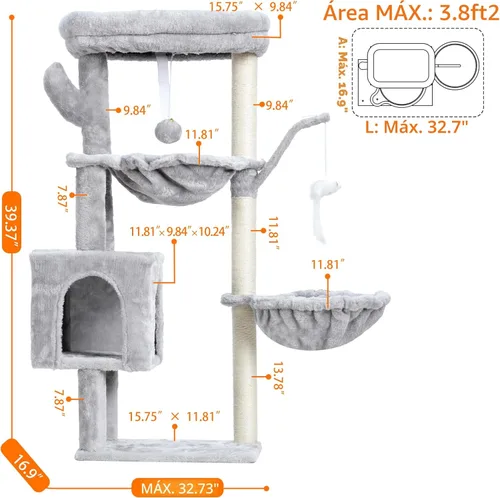 Miniatura 6 de Heybly Árbol para Gatos, Torre Condo de 39.4 Pulgadas con Poste Rascador, Torre para Gatos de Interior, Poste de Sisal Completamente Envuelto