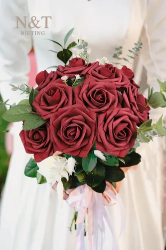 Miniatura 233 de N&T NIETING Flores artificiales, rosas artificiales de color rosa intenso, 50 piezas de flores falsas con tallo para ramos de boda DIY, centros