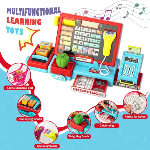 Miniatura 2 de Caja registradora para niños, calculadora real, caja registradora con escáner de juguete para niño de 3, 4, 5, 6, 7, 8 años, juego de simulación