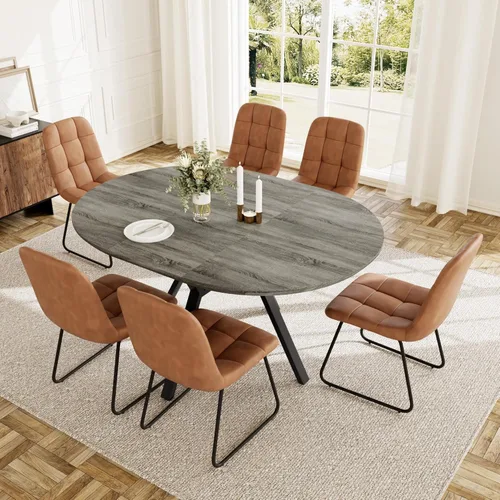 Miniatura 9 de HIPIHOM Juego de mesa de comedor redonda extensible para 6 personas, mesa de cocina extensible de 43.3 a 59.1 pulgadas con 6 sillas tapizadas, Mesa