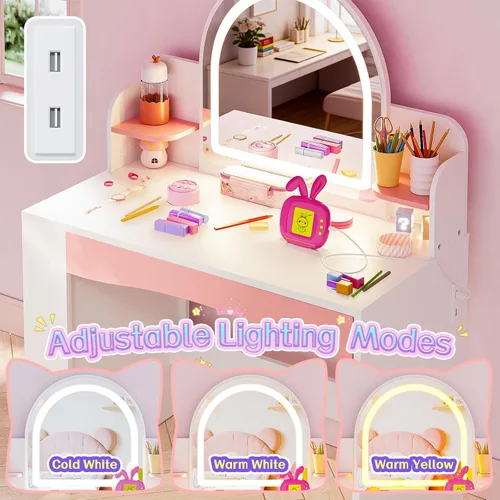 Miniatura 4 de Teckid Juego de mesa y silla para niños con luces, escritorio de tocador para niñas, tocador de maquillaje de princesa para niños con estantes