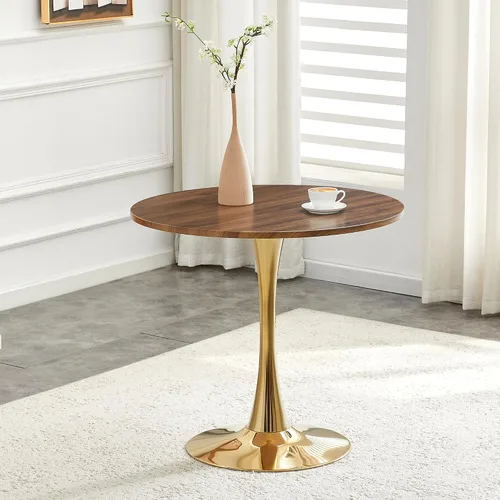 Mesa de comedor redonda de nogal para espacios pequeños, mesas de tulipanes de 32 pulgadas con base de pedestal de metal dorado, mesa de bistró para
