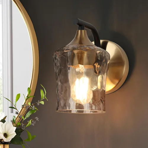 KSANA Aplique negro y dorado, apliques de pared modernos con acabado de vidrio texturizado y latón para baño, dormitorio, pasillo y sala de estar
