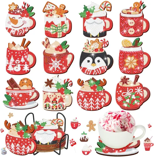 Miniatura 7 de Juego de 12 posavasos de pintura de diamantes de Navidad con soporte para arte de diamantes de Navidad en julio, para adultos, suministros de arte