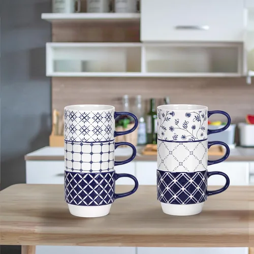 Miniatura 3 de Schliersee Juego de 6 tazas de café de cerámica apilables de 12 oz, taza pequeña con patrón geométrico floral, taza de café de porcelana azul
